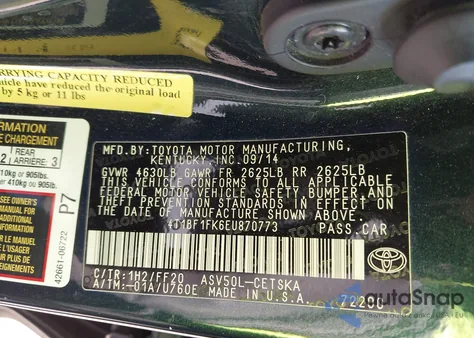 2014 Toyota Camry Se из США, поврежденный, VIN 4T1BF1FK6EU870773